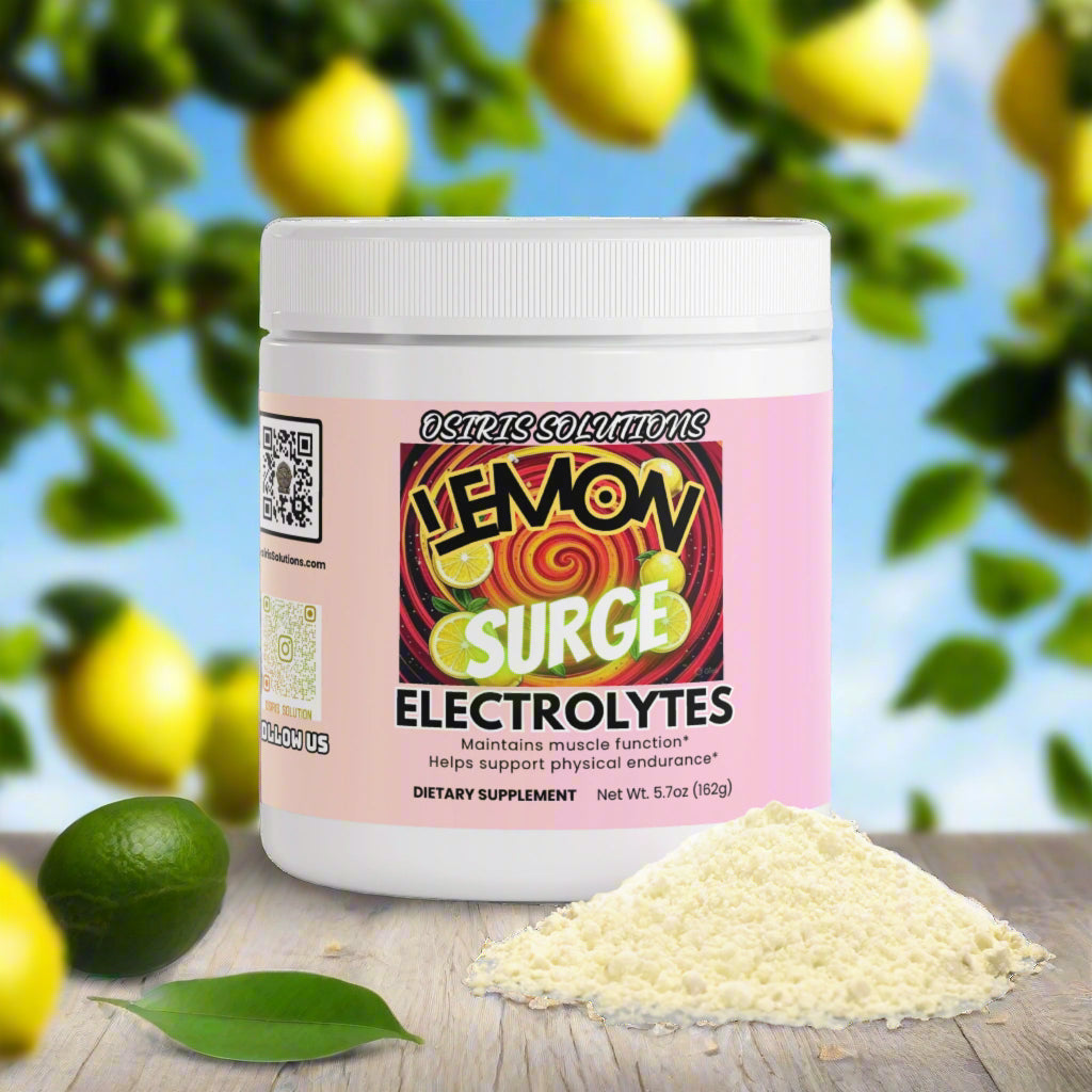 Lemon Surge electrolytes supplement container with powder on a gray background