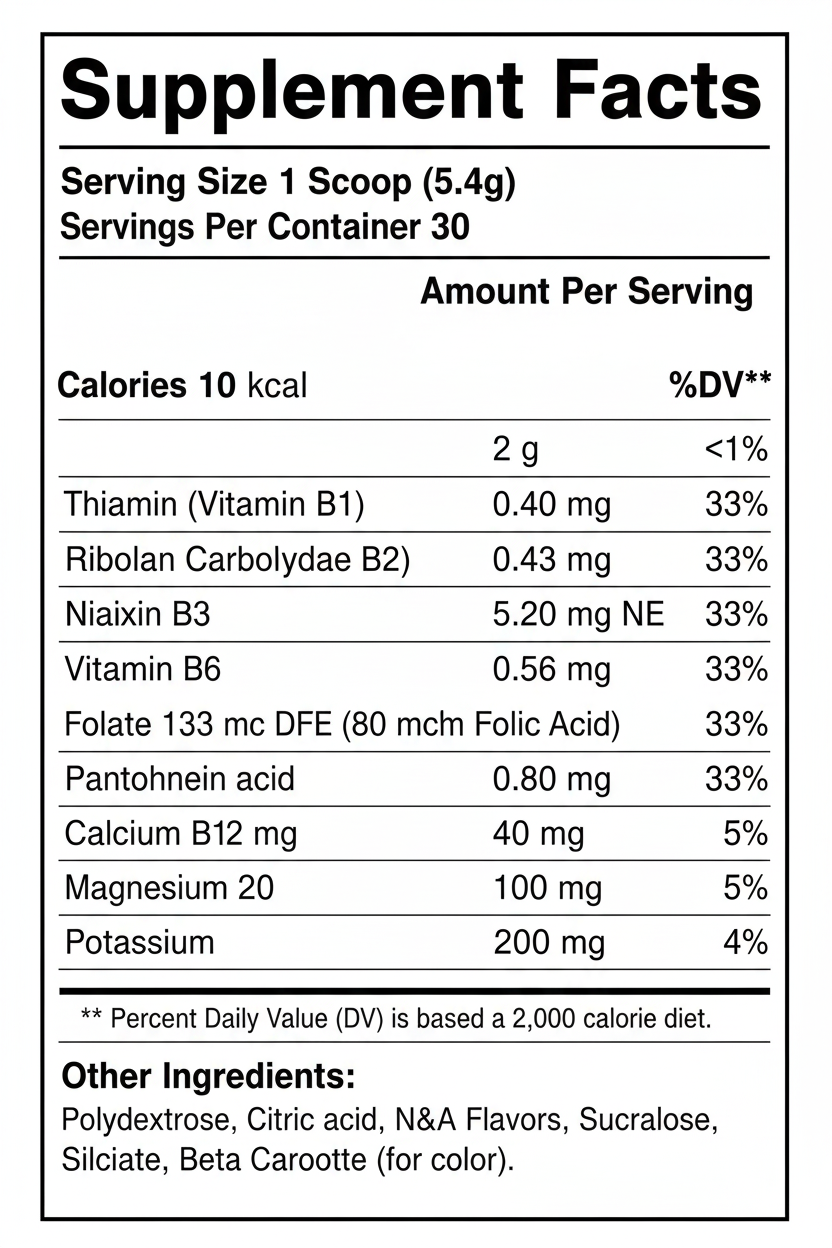 Supplement facts label with detailed nutritional information on a white background