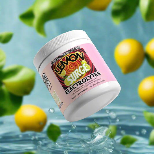 Container of Lemon Surge Electrolytes with lemons and water in the background