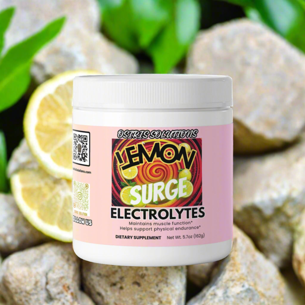 Container of Lemon Surge Electrolytes with a pink label on a light gray background