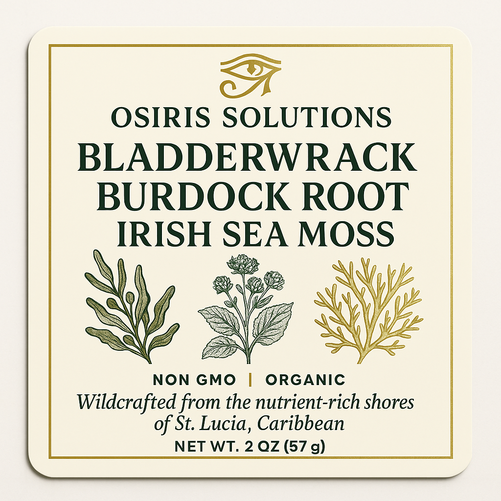 Label for Osiris Solutions product containing bladderwrack, burdock root, and Irish sea moss.