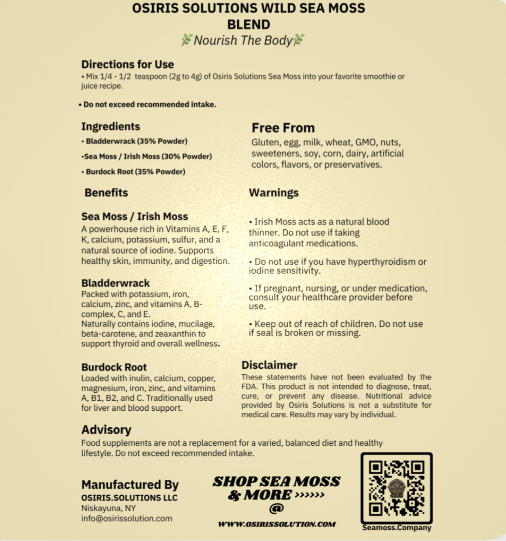 OSIRIS SOLUTIONS WILD SEA MOSS BLEND package with directions, ingredients, benefits, and warnings.