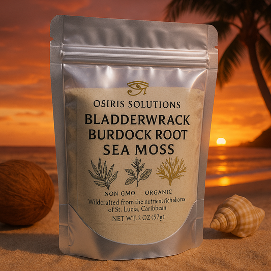 Packaging of Osiris Solutions Bladderwrack Burdock Root Sea Moss with a sunset beach background